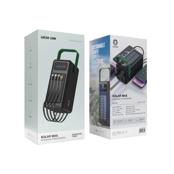 تصویر دوم ازپاوربانک گرین لاین مدل solar max gl-p974 ظرفیت 80000 میلی آمپر ساعت